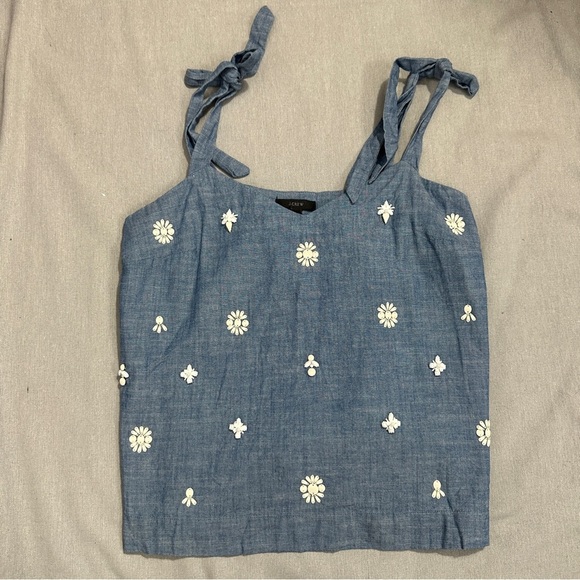 J. Crew sz. 8 chambray embellished tie shoulder tank top, blue/white - Picture 6 of 12